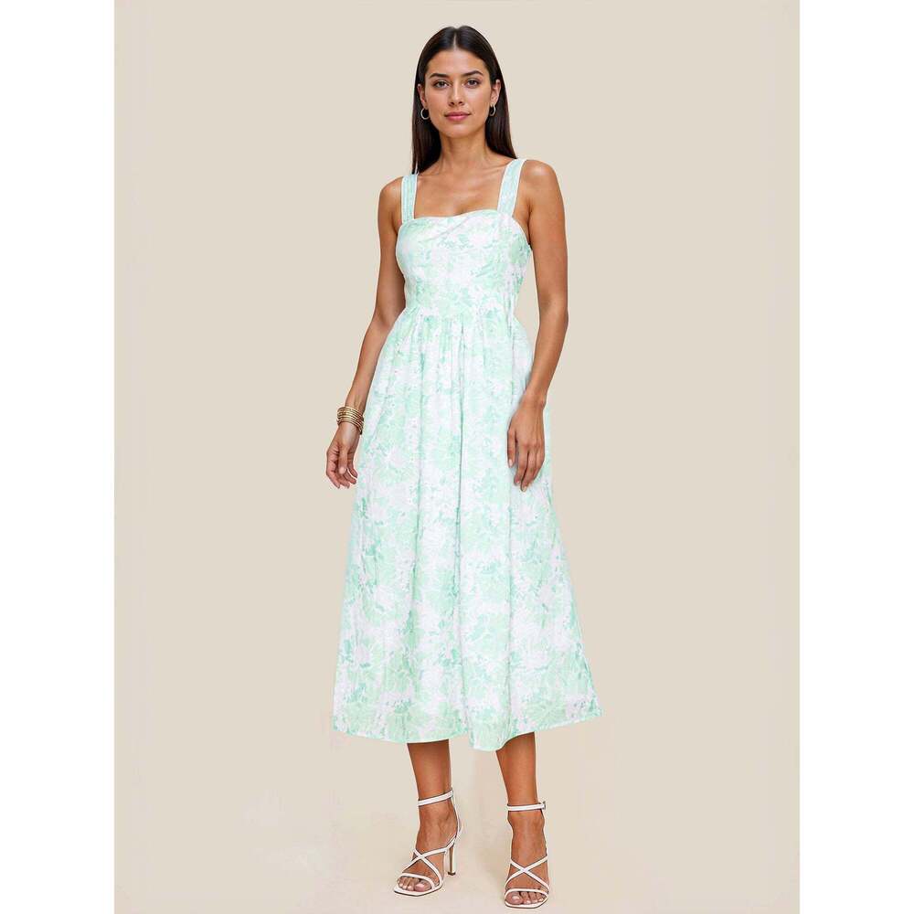 New York & Company Floral Eyelet Corset Bodice Fit Flare Midi Sun Dress Size MED